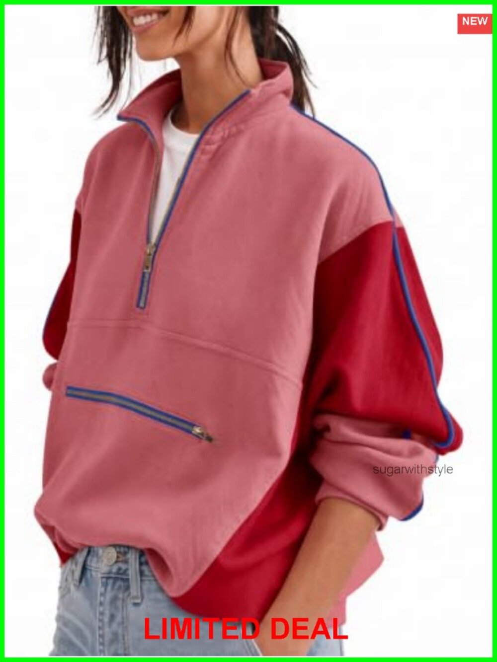 Womens Half Zip Fleece Sweatshirt Oversized Crop Pullover Stand Collar